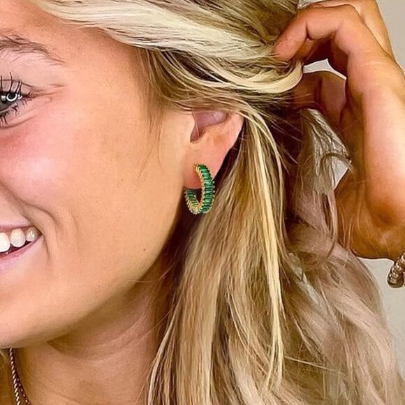 14K Yellow Gold with Emerald Green Cubic Zirconia Drop Hoop Leverback Earrings - Picture 7 of 7